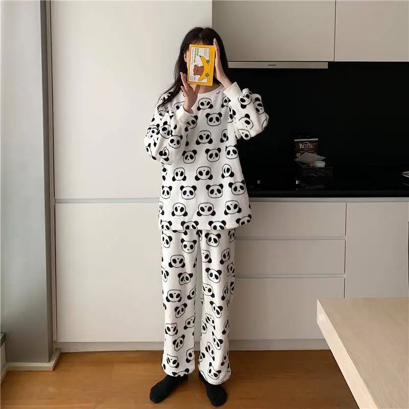 Женские теплые зимние фланелевые пижамы, одежда для сна, Kawaii Panda, комплект из двух предметов, повседневные, свободные, с длинным рукавом, милые, домашняя одежда, вечерние, новинка