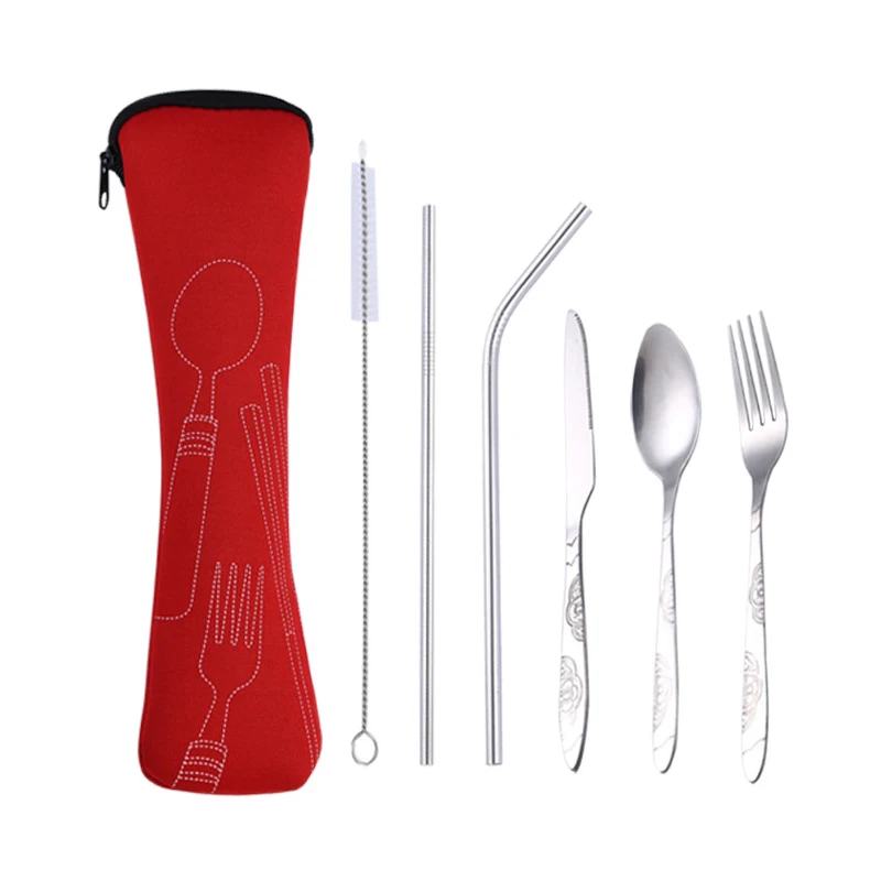 Hifuar 6Pcs/set Portable Stainless Steel Flatware Set Flower Fork Dinner Tableware Set Cutlery Case Kit Camping Travel Utensils