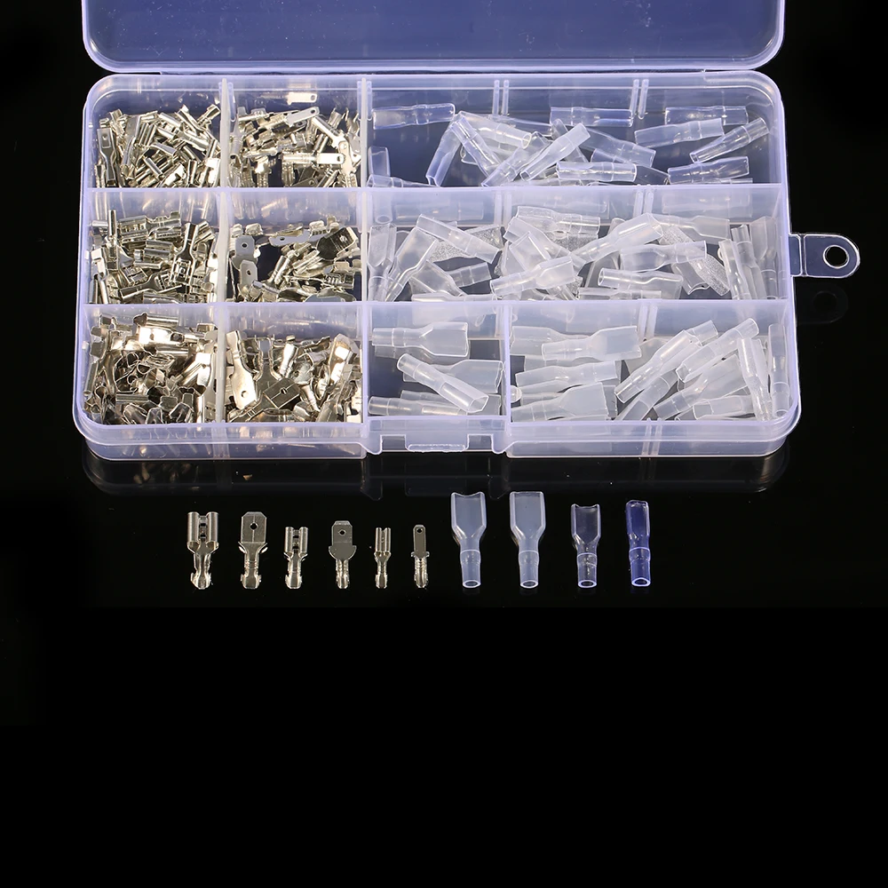 

Hot 270Pcs/Box Non-insulated Mixed Spade Connector Wire Crimp Terminal Block with Insulating Sleeve Assortment Kit