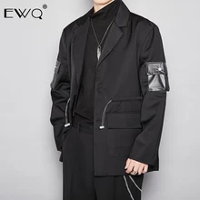 EWQ/высокая уличная мода мужской костюм черный Свободный шнурок талии куртка для мужчин черный Patchworak карманы рукав ткань Y106