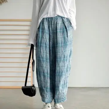 Синий Autumn Woman Cotton Linen Pants New Big Size Plaid Loose Elastic Waist Vintage Casual Women Trousers YoYiKamomo - Цвет: Синий