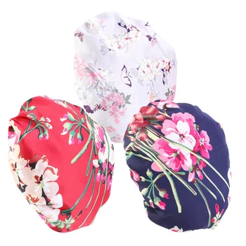 

3pcs Floral Pattern Polyester Nightcap Elastic Wide Edge Round Hat Beauty Salon Hat Shower Cap for Women (Wine Red, Navy, Grey)