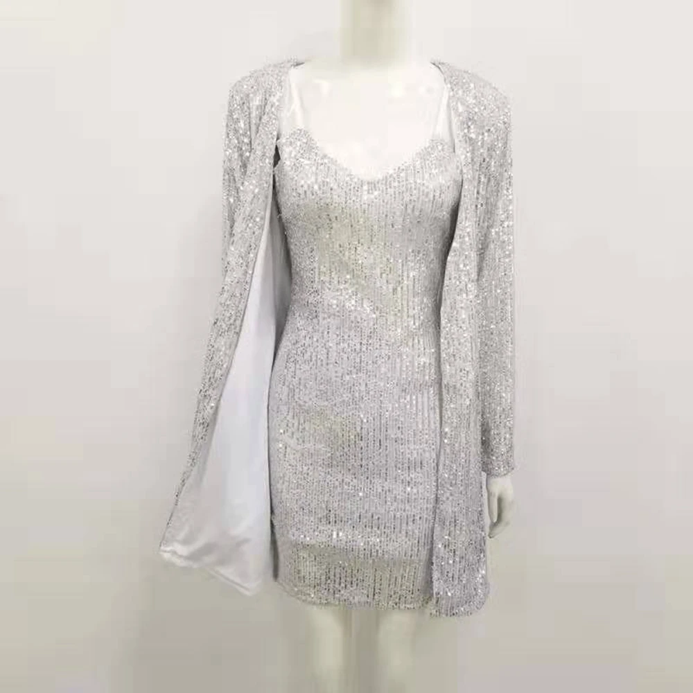 Новинка, модное платье с пайетками, 2 предмета, с длинным рукавом, серебряное, Осеннее, женское, элегантное, Клубное, Vestidos, мини, вечерние, праздничные