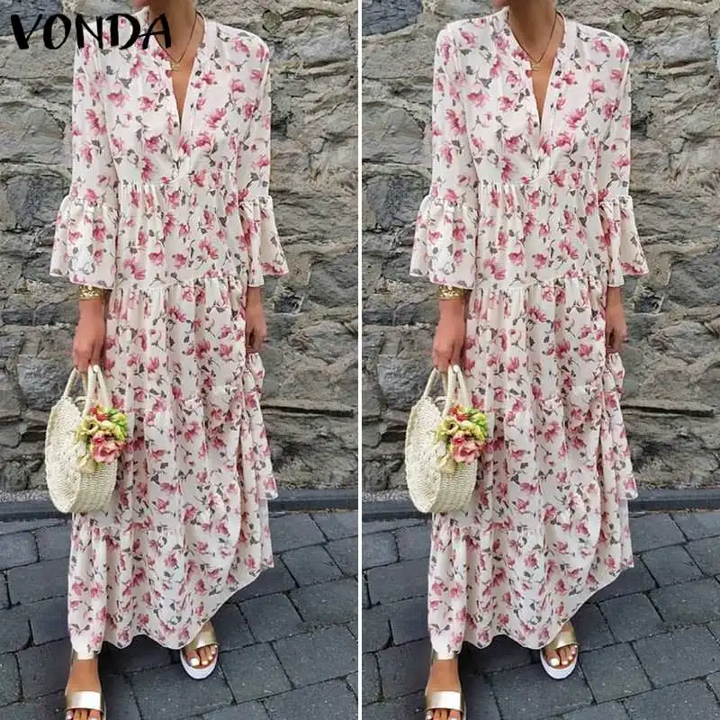 Винтажное платье макси с принтом VONDA осенние длинные платья с расклешенными рукавами и v-образным вырезом размера плюс богемное женское платье Vestido Femme Robe S-5XL