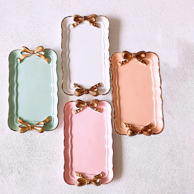 Европейский стиль, подносы для хранения торта с бантом, органайзер для макияжа, десертная тарелка, квадратный декоративный поддон, кухонные подносы для хранения, 12x20 см, белый цвет, промо-акция
