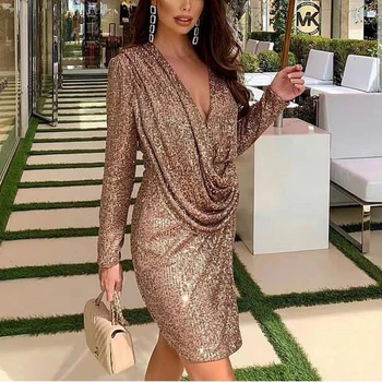 

Missord 2020 Women Sexy V Neck Long Sleeve Sequin Dresses Female Elegant Mini Split Bodycon Dress FT19889