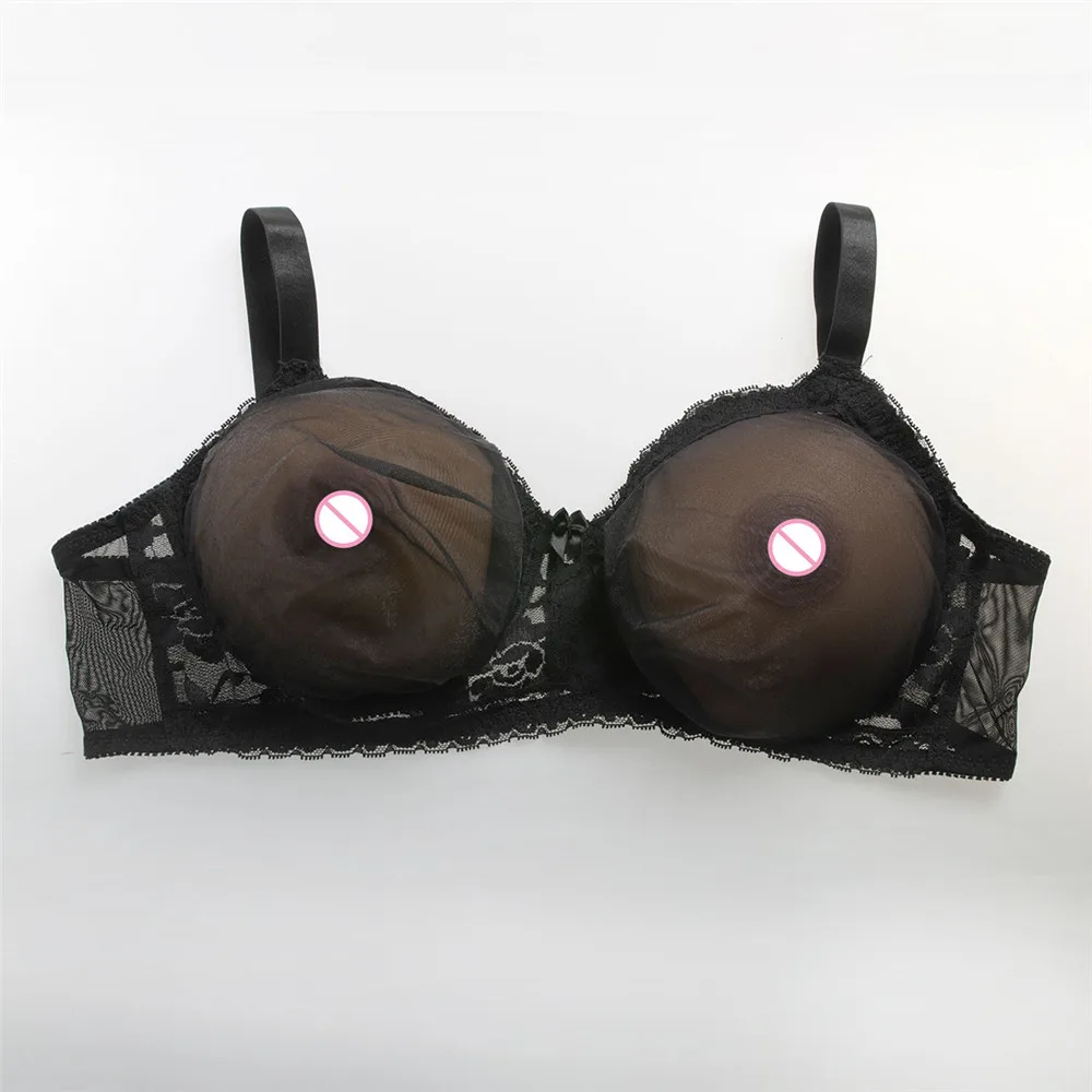 1600g/pair Brown Round Silicone Boobs+Sexy Black Transparent Lace Pocket Bra) Drag Queens CD TS False Breast With Bra Set