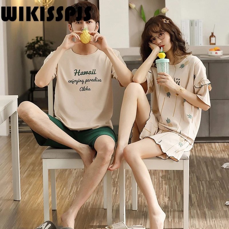 

2022 Summer New Cotton Round Neck Pajamas Leisure Fashion Comfortable Home Wear Couple Suit Pajama Set Women Sleep Tops