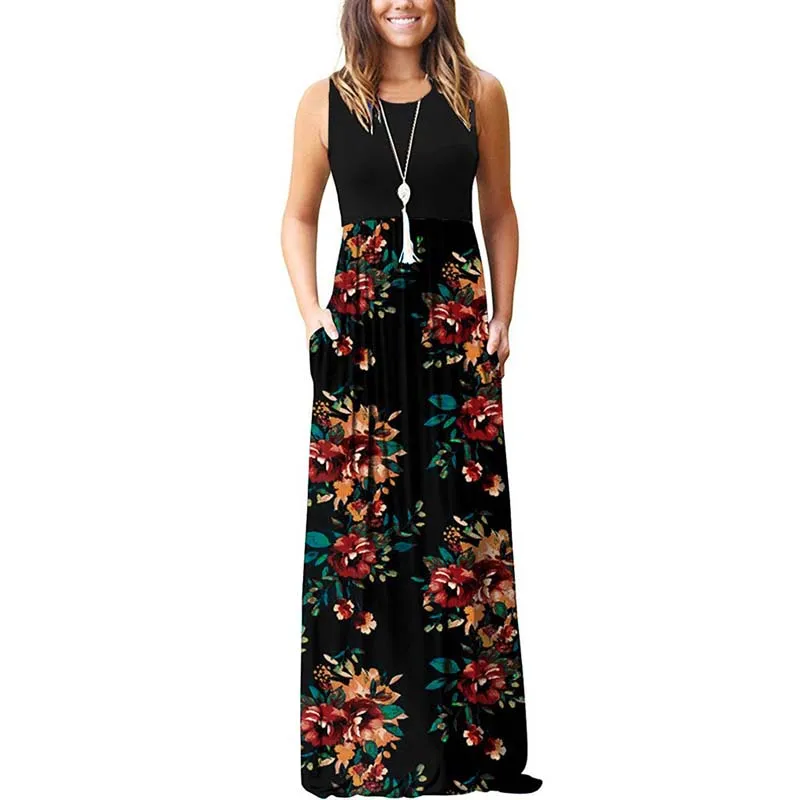 

Women Autumn Floor Length Yellower Rose Flower Print Sleeeveless Pullover Elegant Evening Party Maxi Boho Beach Dress