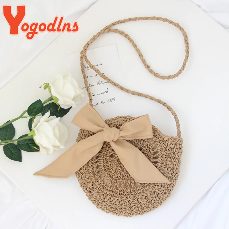 Summer Bow Straw Bag Round Rope Shoulder Bags Simple Woven Knitting Crossbody Bag Fashion Small Beach Handbag Casual