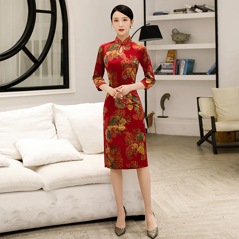 Китайское бархатное теплое женское платье Cheongsam элегантные вечерние платья на пуговицах для выпускного вечера пикантные тонкие Qipao Новинка велюровые короткие платья