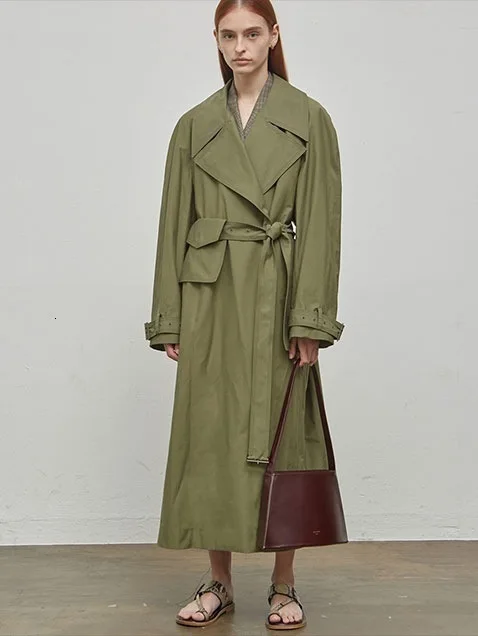 Early Autumn Solid Temperament Lapel Thin Belt Overknee Windbreaker Loose Woman Long Fund Coat S889