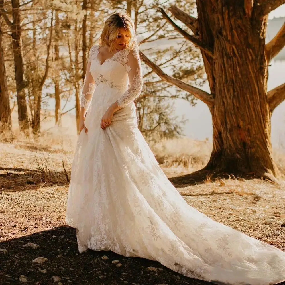 Plus Size Lace Beaded Country Wedding Dresses 2022 New V-Neck 3/4 Long Seeve A-Line Bridal Gowns Vestido De Novia reception dress for bride Wedding Dresses
