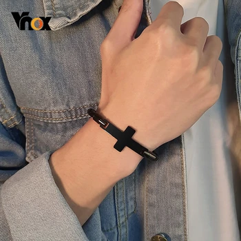 

Vnox Cross Charm Bracelet for Women Men Braided Leather Bangle with Clasp Casual Unisex Prayer Religious Jewelry