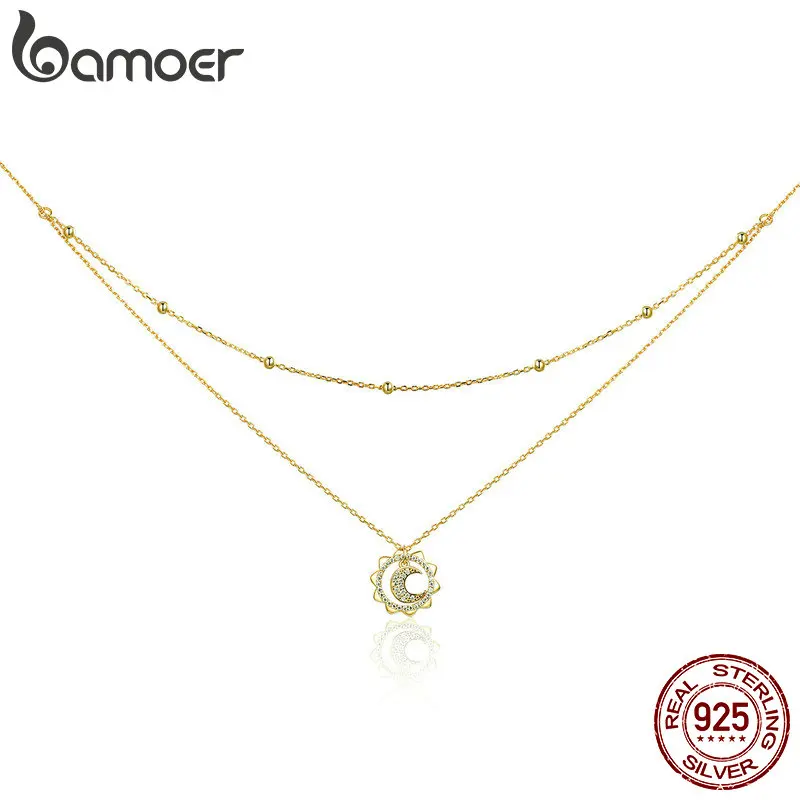 

BAMOER, серебро 925 пробы, винтажный, золотой, солнце и луна, двойной чокер с несколькими слоями, ожерелья, Подвеска для женщин, серебро, хорошее ювелирное изделие, SCN305