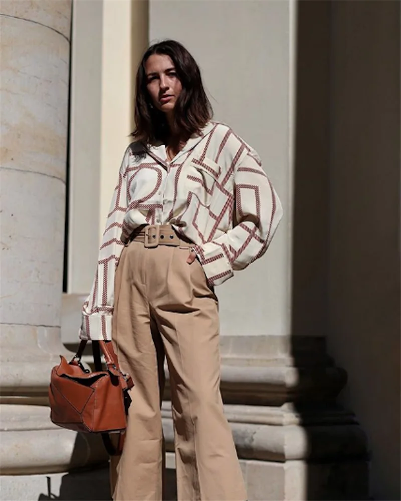 Fashion Big Letter Print Women Silk Blouse Shirt Designer Single Breasted Long Sleeve Lady Oversize Blouses Tops Clothes