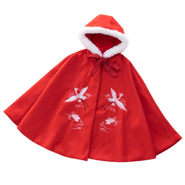Hanfu/зимняя Длинная накидка с вышивкой для девочек; детская Мантия в китайском стиле; Рождественская накидка с капюшоном; Новогодняя одежда - Цвет: red crane