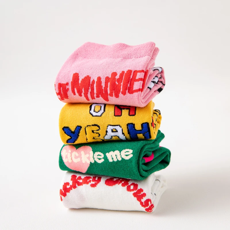 3 Pairs Casual Korea Women socks Cute Kawaii long socks Cartoon Mickey Minnie Donald Winnie Cotton socks girl socks Size 35-42