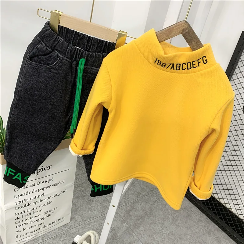 

Baby Boys Clothing Sets Autumn Winter Fashion Plush Velvet T-Shirt + Thicken Jeans 2pcs Tracksuits for Boys Toddler Casual Sets