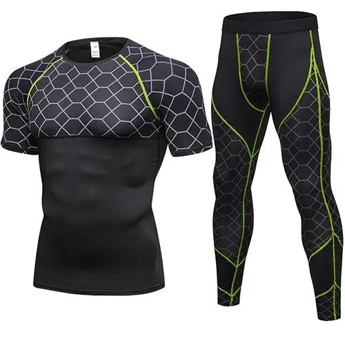 black-green net Быстросохнущий Фитнес облегающий набор для бега, мужской бадминтон, футбол, тренажерный зал, тренировочный костюм, мужские баскетбольные черные спортивные костюмы - Цвет: black-green net