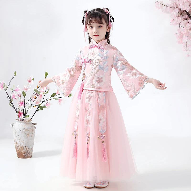 Красное элегантное кружевное платье принцессы в китайском стиле для девочек; вечерние платья для малышей; платье принцессы для девочек; праздничные новогодние платья для маленьких девочек - Цвет: pink blue