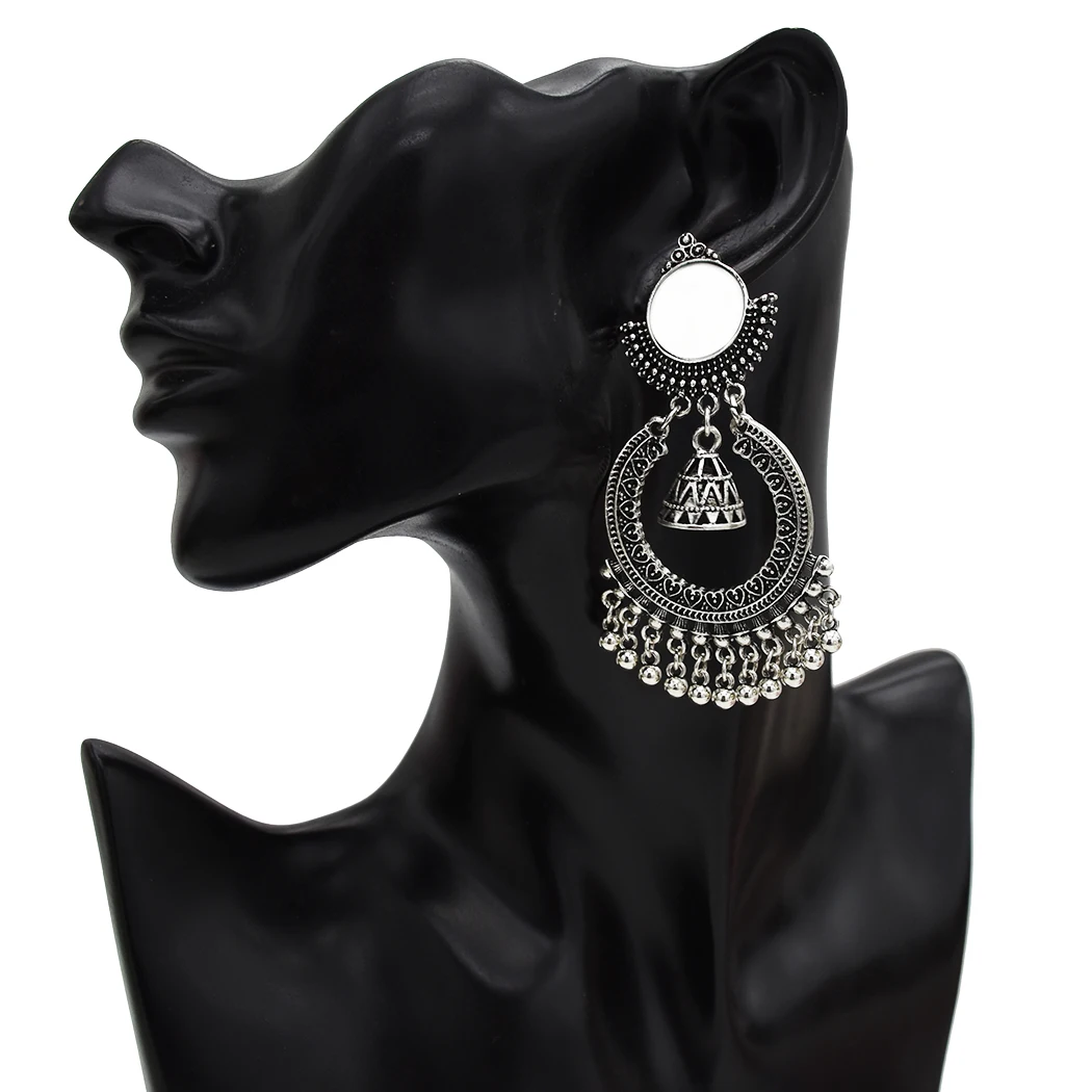 Афганский серебро Jhumka серьги, индийские украшения большое зеркало колокольчики заявление вечерний комплект из колье серёг и браслета свадебные серьги Пакистан Gypsy