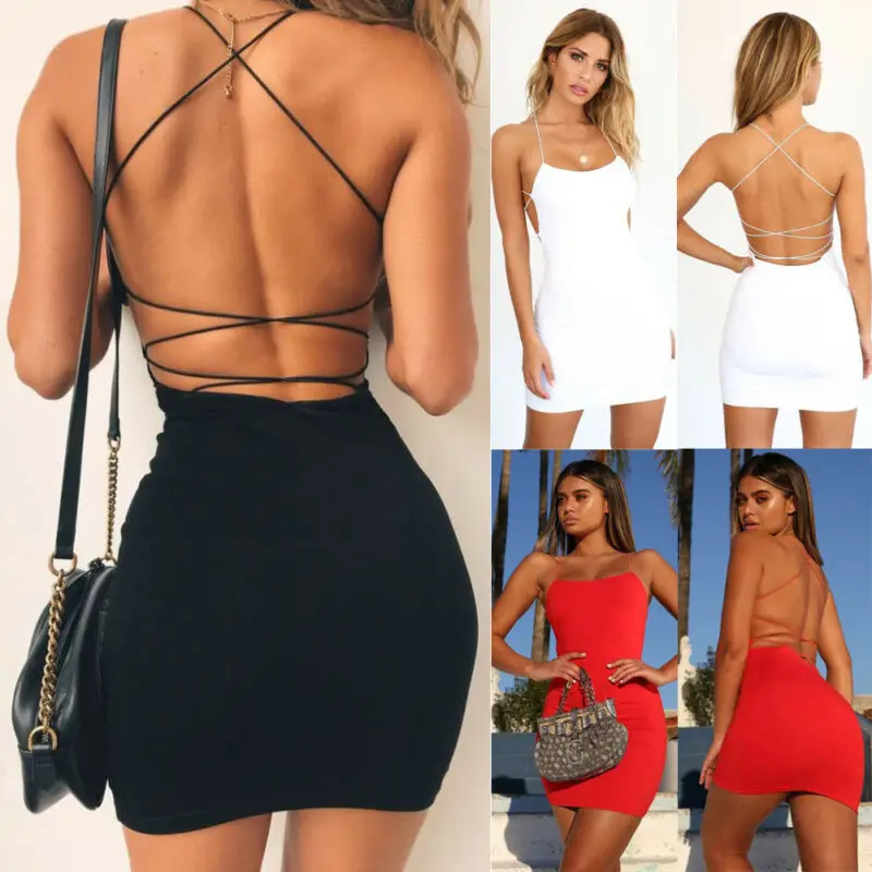 

Backless lace up 2020 summer women bodycon mini dress sleeveless backless elegant party outfits sexy club clothes