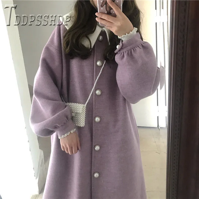 Толстое Женское шерстяное пальто Kawaii с отворотом, зимняя женская куртка с рукавами-фонариками и жемчужными пуговицами
