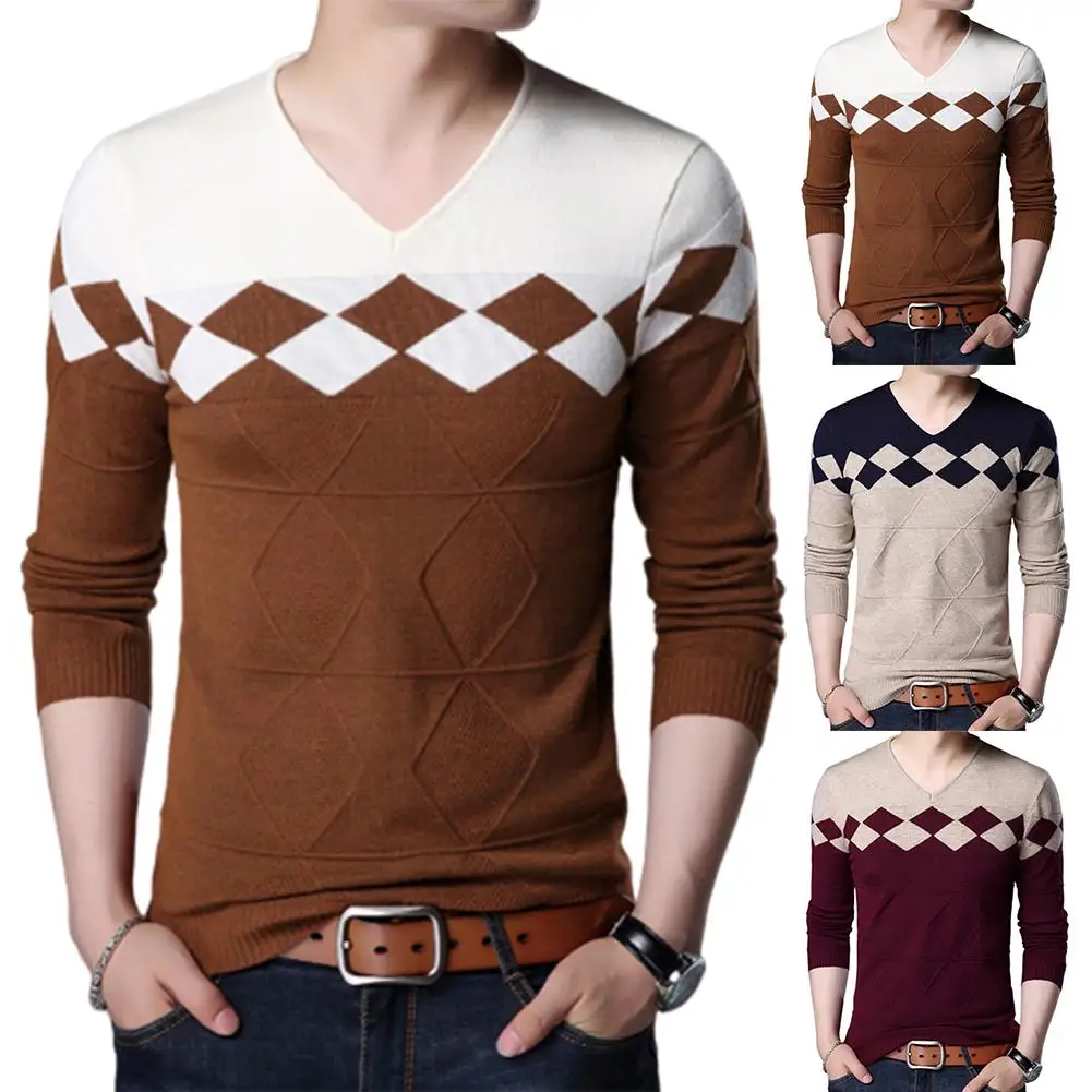 

Chic Men V Neck Long Sleeve Color Block Pullover Knitwear Elastic Slim Sweater Knittwear Mens Sweaters Pullovers Pullover Men