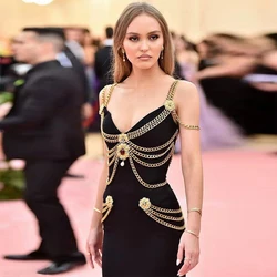 Black Fashion Elegant Prom Dress V Neck Sleeveless Gold Chain Rhinestone Flowers Women Evening Party Gowns Plus Size Custom Made