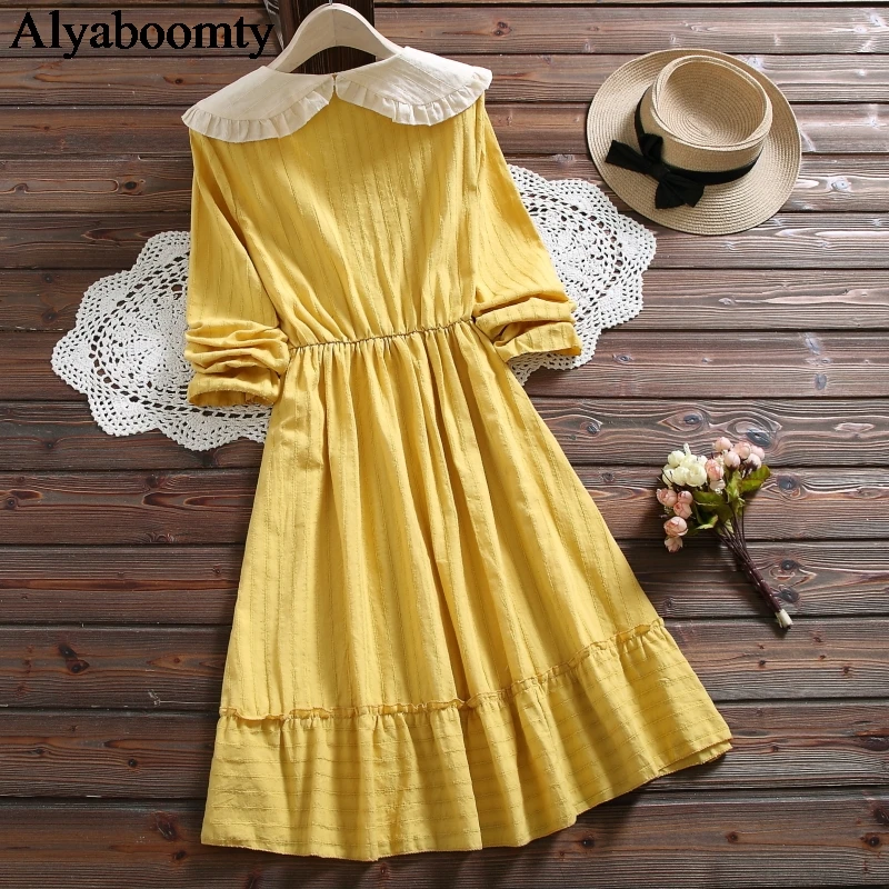 Japanese Preppy Style Autumn Spring Women Cute Dress Yellow Green Tie  Cotton Linen Dress Kawaii Girl's Lolita Ruffles Mini Dress|Dresses| -  AliExpress