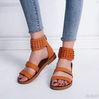 

Women's Rome Sandals Woman Ankle Strap Bulke Flats Ladies Summer Leopard Flats Women Beach Shoes Female Footwear Plus Size 43
