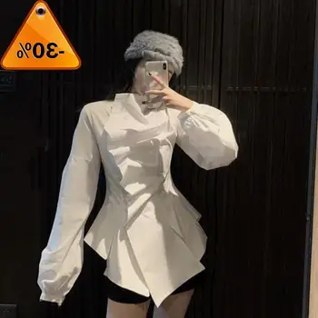 

New Sweet Spring Full Sleeve Irregularly Buttoned Pleated Casual Shirt Korea Style Loose Black Women Blouse Tops