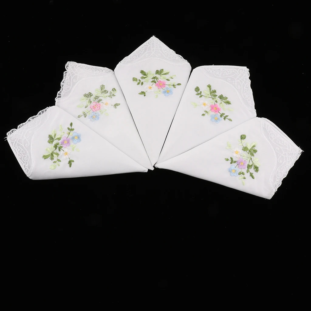 5 Pack Women Ladies Cotton Handkerchiefs Floral Embroidered with Lace Butterfly Edge