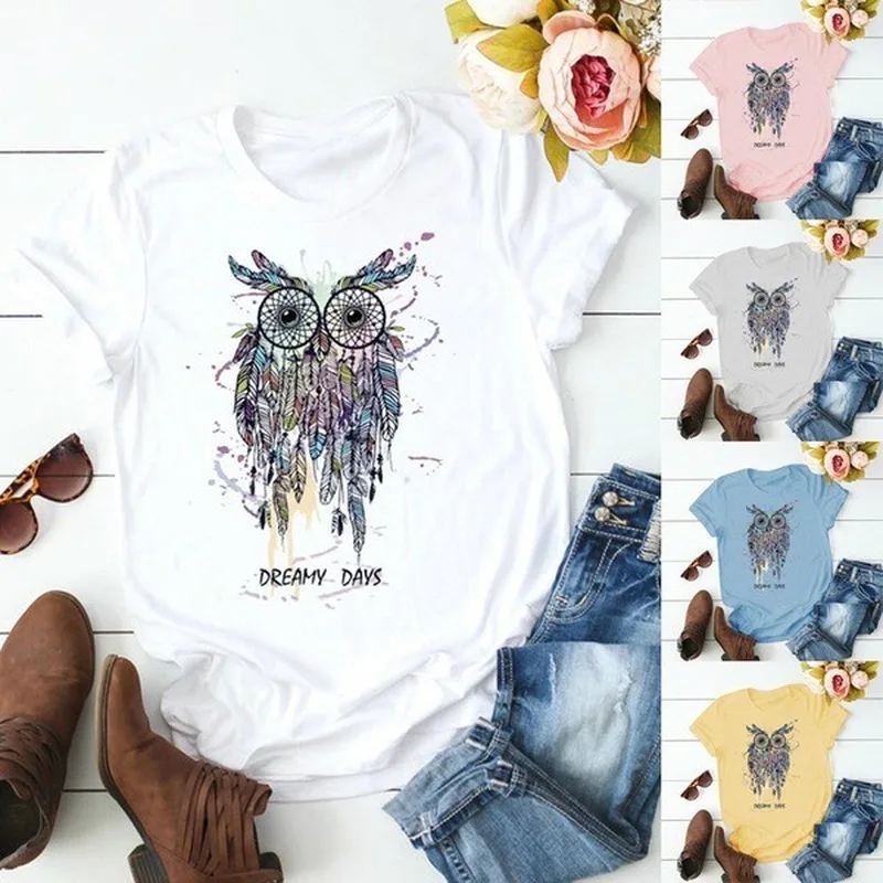 

Dreamy Days Letter OWL Print T Shirt Women Short Sleeve O Neck Loose Tshirt Summer Women Tee Shirt Tops Camisetas Mujer
