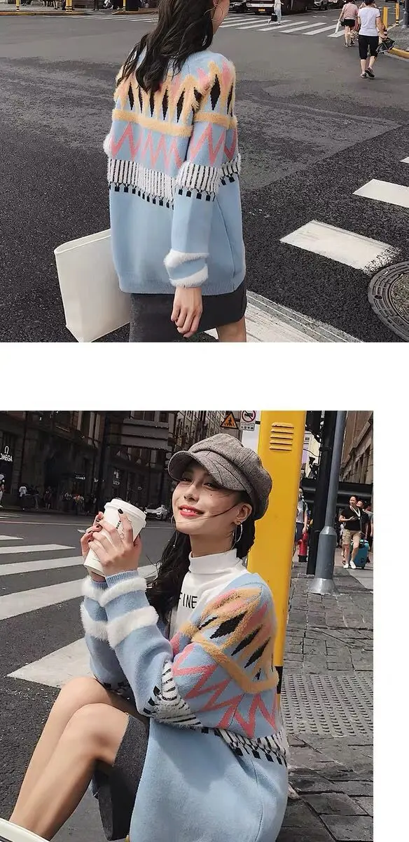 Woman Sweater Knitting New Girl V-neck Jacquard Straight Bottom Clothing Sweater Winter Sweater Cardigan Short Wool Coat