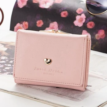 

Women Metal Frame Portable Card Holder Tri-fold Wallet Small Lock Short Love Heart Mini Coin Pocket PU Leather Gift Snap Closure