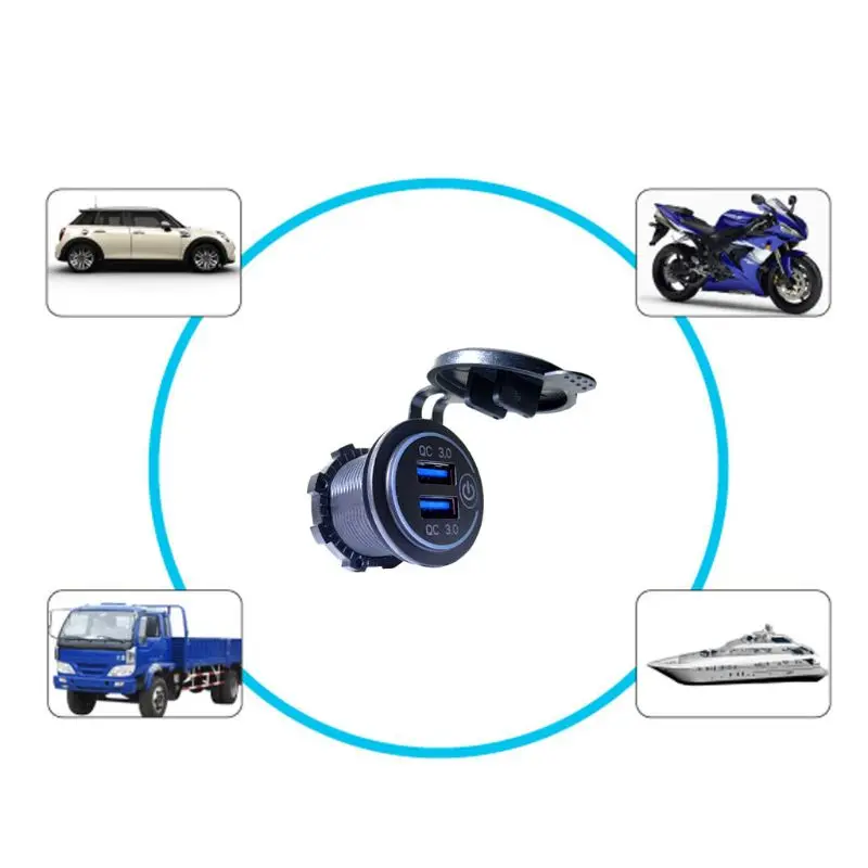 12V/24V Dual USB QC 3.0 LED Fast Charger Touch Switch for Car Boat Motorcycle 72XB