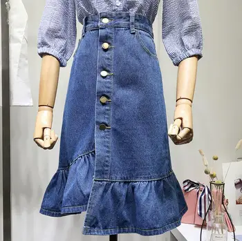 

2020 Spring summer Women's College Wind High Waist Deep Blue Jean Skirt Students Ruffles Mid-length denim Skirts r824