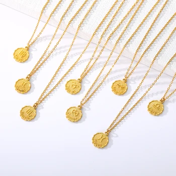

Zodiac Charm Coin Necklace For Women Jewelry Stainless Steel Chain 12 Constellation Capricorn Aquarius Pisces Necklaces Pendants