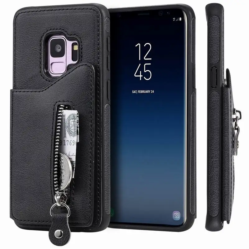 Черный Чехол-кошелек в стиле ретро на молнии для Samsung Galaxy S8 S9 S10 5G Plus S10E A50 Note 10 10+ Note 8 9, Чехол-держатель для карт, чехол для телефона - Цвет: Черный
