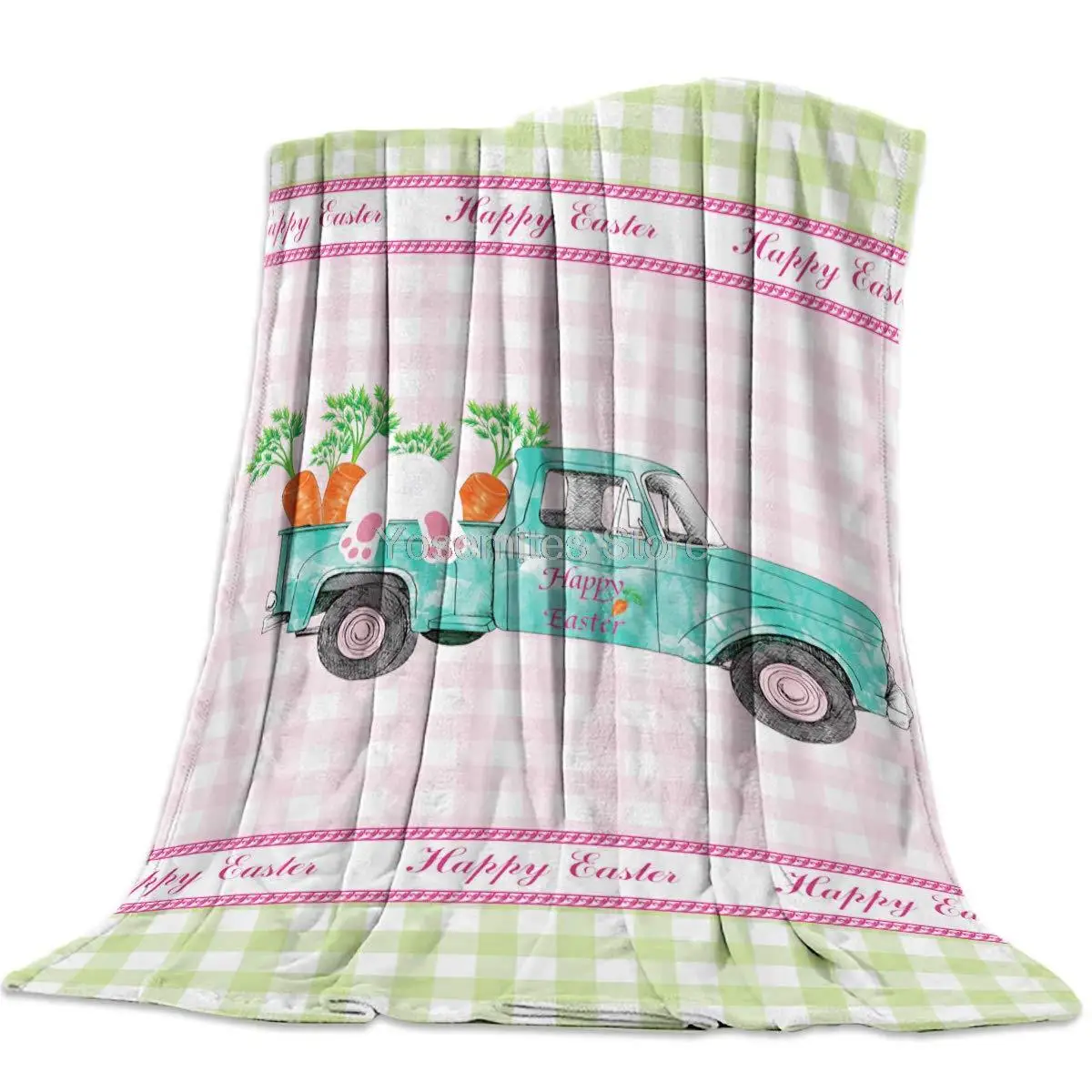 

Cozy Soft Throw Blanket for Couch Bed, Happy Easter Truck with Carrots and Rabbit - Warm Camping Traveling Bea