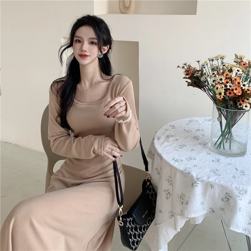 Chic Fashionable And Versatile, High Waist And Thin, Medium And Long, With Solid Color Dress Inside And Outside