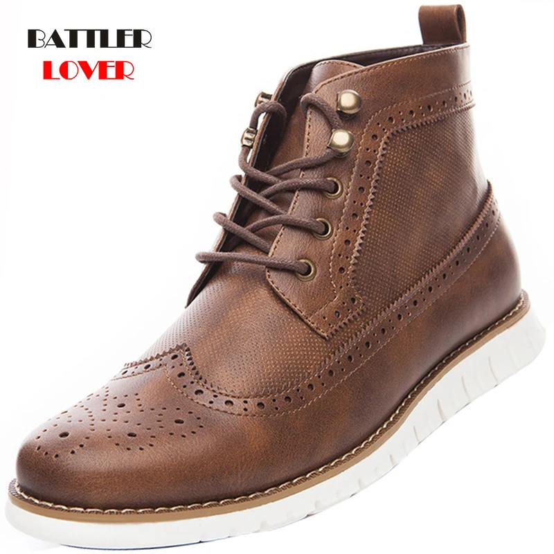 Men Brogue Boots Leather Casual Light Carving Block High Quality Botas for Male Retro Brown Versatile Winter Footwear Size 39-47