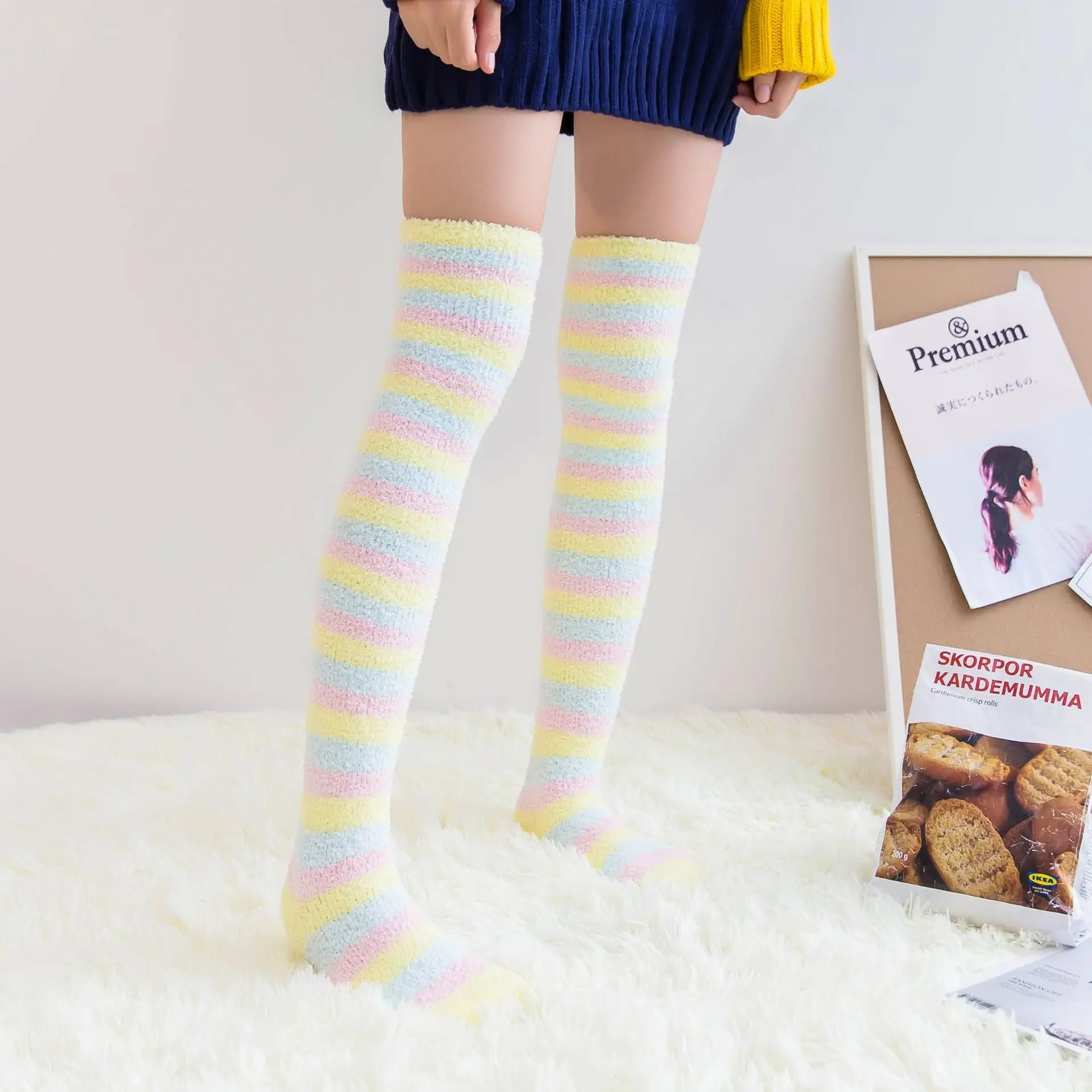 

Meihuida Autumn and Winter Cartoon Thicken Coral Fleece Warm Stripes Through Knee Socks Sleeping Long Soft Stockings