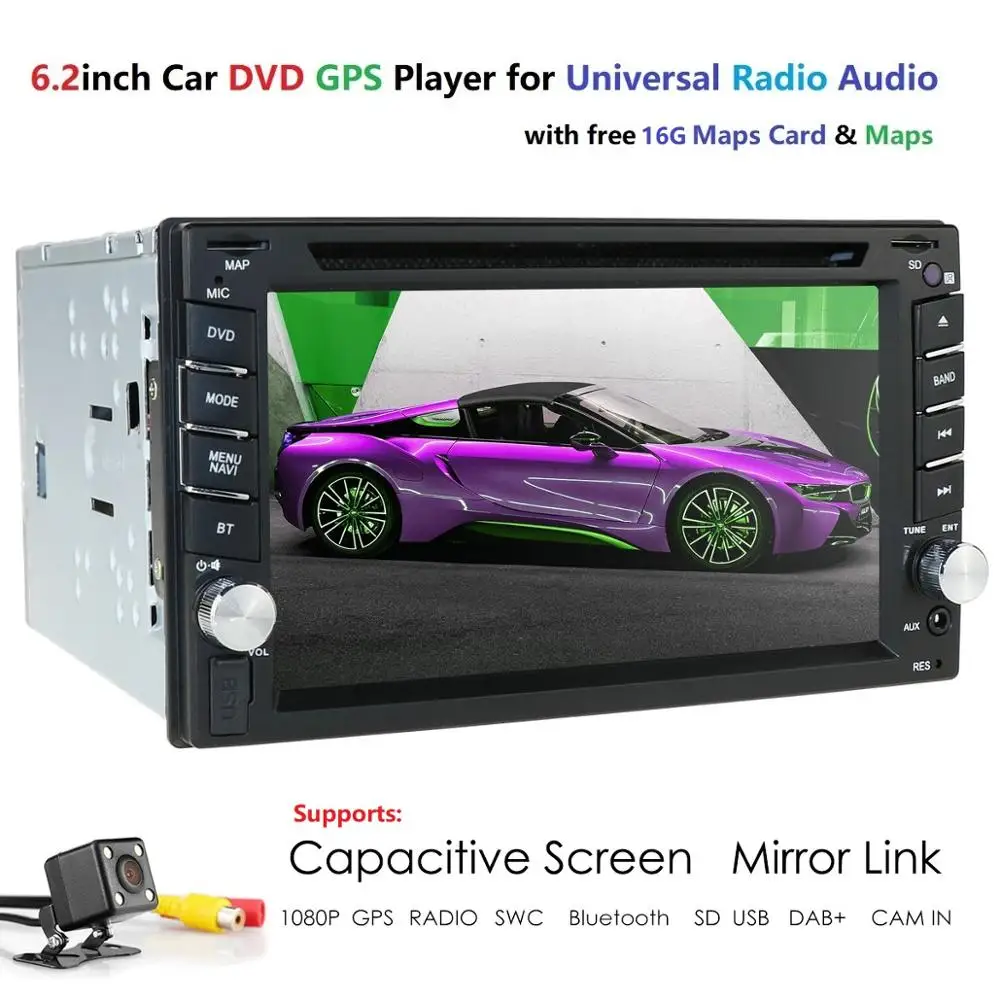 Clearance Touch screen 2Din In Dash 6.2 Inch Car DVD Player GPS Universal Stereo Radio  BT USB Mirror link RDS 1080P+Map card+Rear camera 3
