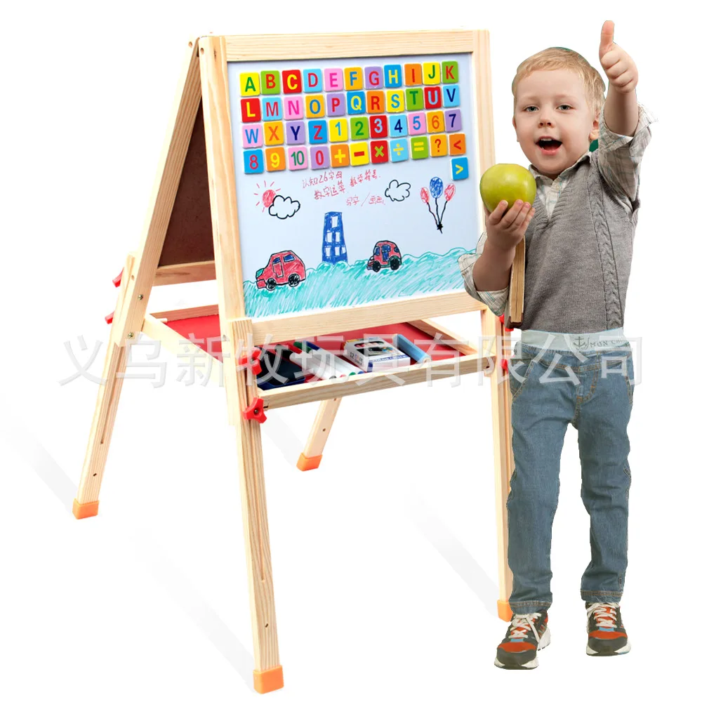 

Wooden Educational Sketchpad Easel Set Double-Sided Magnetic Small Blackboard Braced Height Adjustable Learning da hua ban