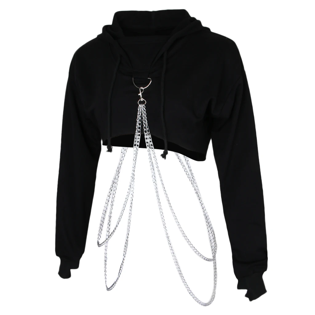 Women Fashion Long Sleeve Pullover Hoodie Crop Top Metal Chain Sweatshirt Women Pullover Hoodie with Alloy Chain