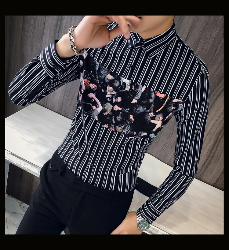 Модная мужская рубашка в полоску, Camisa Masculina, приталенная рубашка с длинным рукавом, деловая уличная одежда, официальная мужская одежда