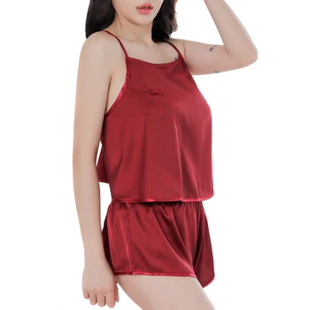 

Women Lace up Sleepwear Set Backless Satin Pajamas Camisole with Shorts JL